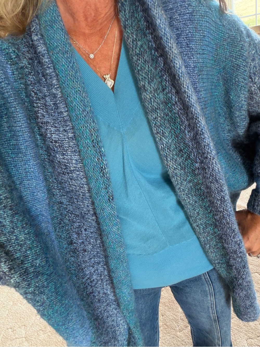 Jessica Simpson Teal & Navy V-Neck Sweater with Open Cardigan